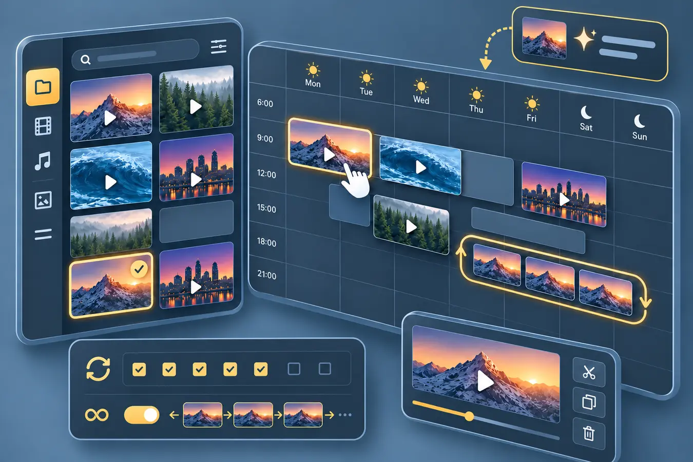 Illustration of creating and programming Live TV and VOD channels on Strimm